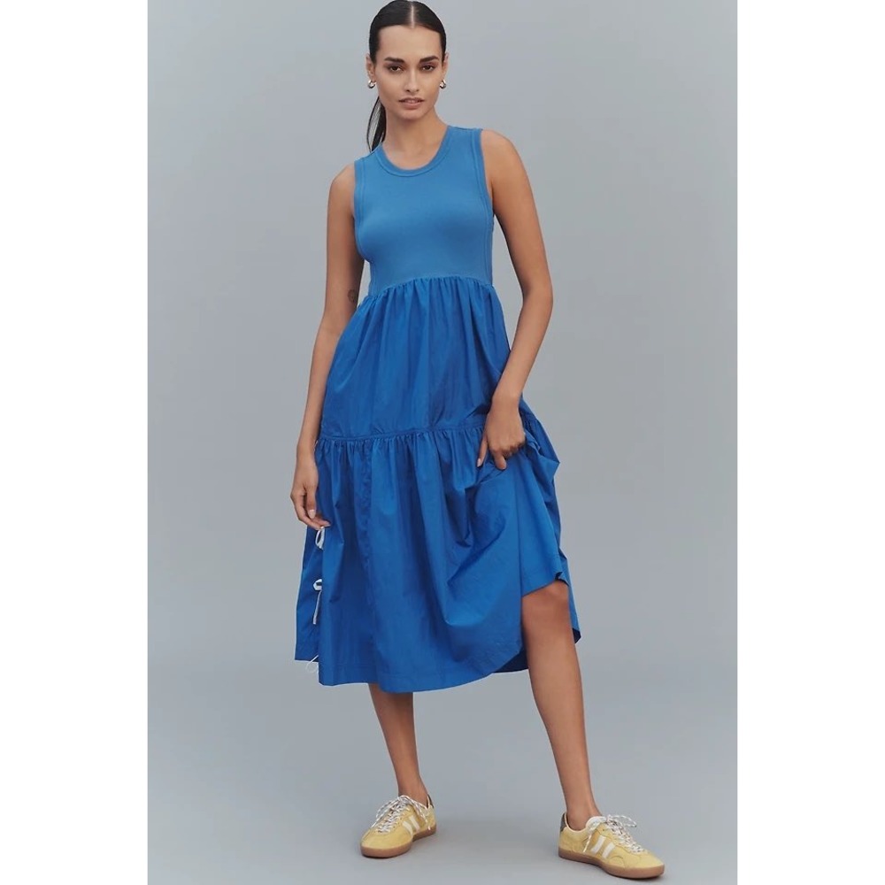 Anthropologie Daily Practice Bowline Blue Tiered Midi Dress Knit Cotton M NWT